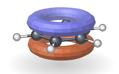 Aromaticity: Turn benzene and four other rings in 3D, merge their p orbitals into a π cloud and test each against the 4n + 2 rule.