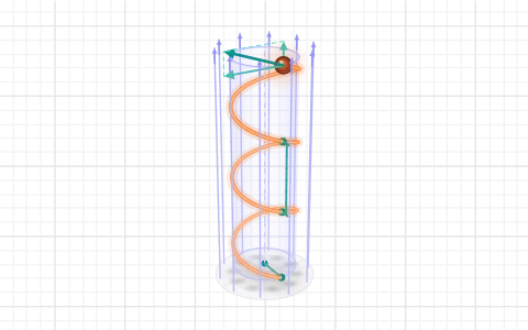Helix in a magnetic field: Tilt a charge's velocity away from the field and watch its circle stretch into a glowing 3D helix.
