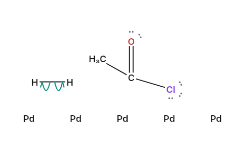 Rosenmund reduction: Hydrogen on poisoned palladium swaps the Cl of an acid chloride for H and stops at the aldehyde, shown as a schematic.